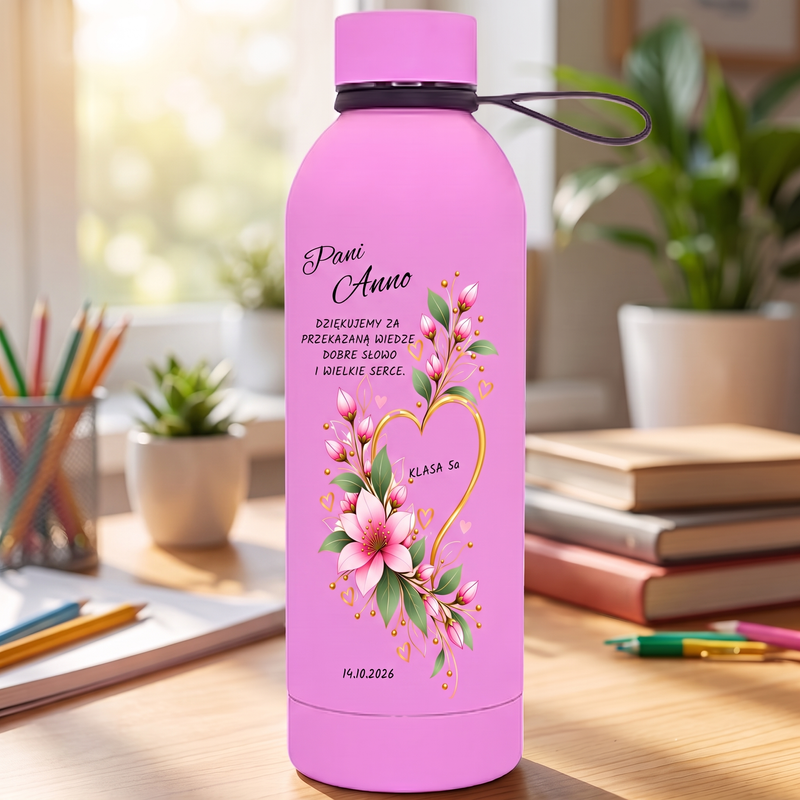 Personalizowana butelka termiczna dla nauczycielki z kwiatowym sercem 500 ml – prezent dla nauczyciela