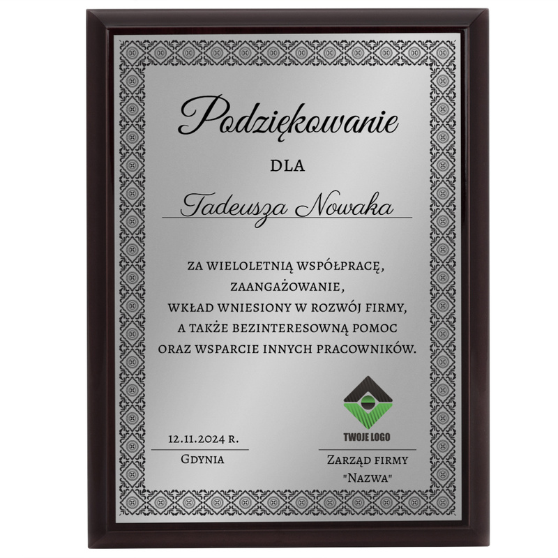 Gratulacje jubileuszowe dla firmy – złota tabliczka z personalizacją
