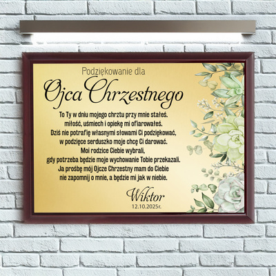 Podziękowanie dla rodziców chrzestnych / Drewniany panel, złota tabliczka, dedykacja 