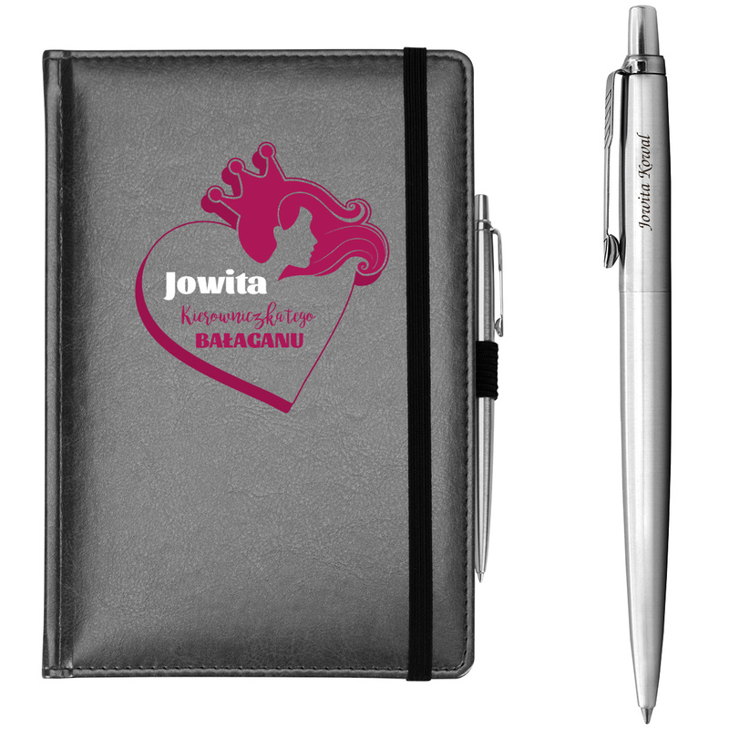 Zestaw dla kierowniczki: szary notes UV i Parker z grawerem