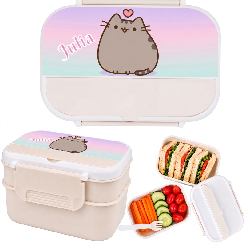 Personalizowany pojemnik na lunch Pusheen z imieniem – dwupoziomowa śniadaniówka 1200 ml