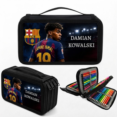 Personalizowany piórnik czterokomorowy FC Barcelona z motywem Lamine Yamal i własnym imieniem – piórnik dla fana piłki nożnej